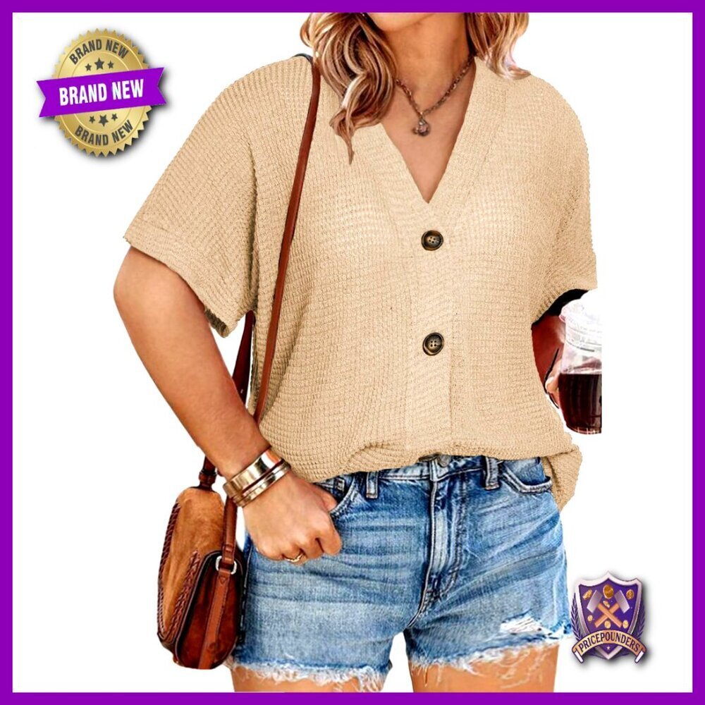 Plus Size V Neck Waffle Knit Button Down Shirt Short Sleeve Casual Top
